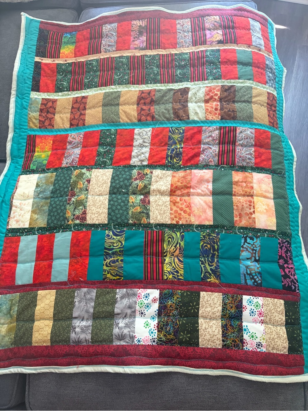 Handmade Patchwork Quilt in Teal, Red, Green, Cream
